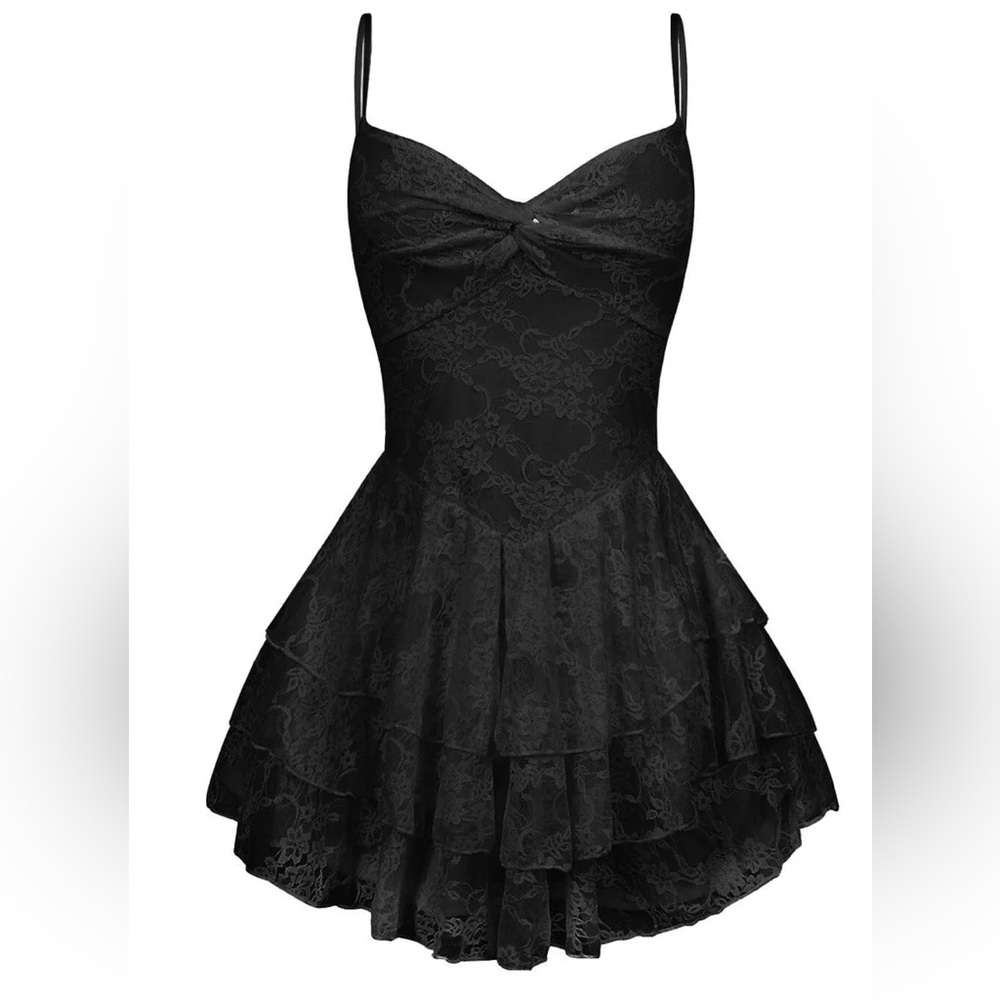 Black Lace Spaghetti Strap Dress with Tiered Skirt